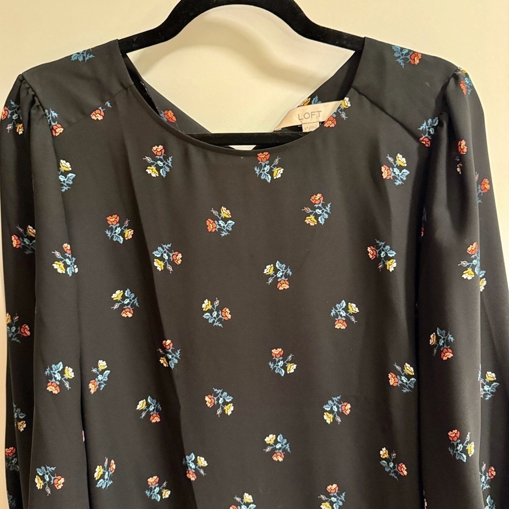 LOFT Black Floral Long-Sleeve Blouse with Red and Blue Accents - Picture 2 of 7
